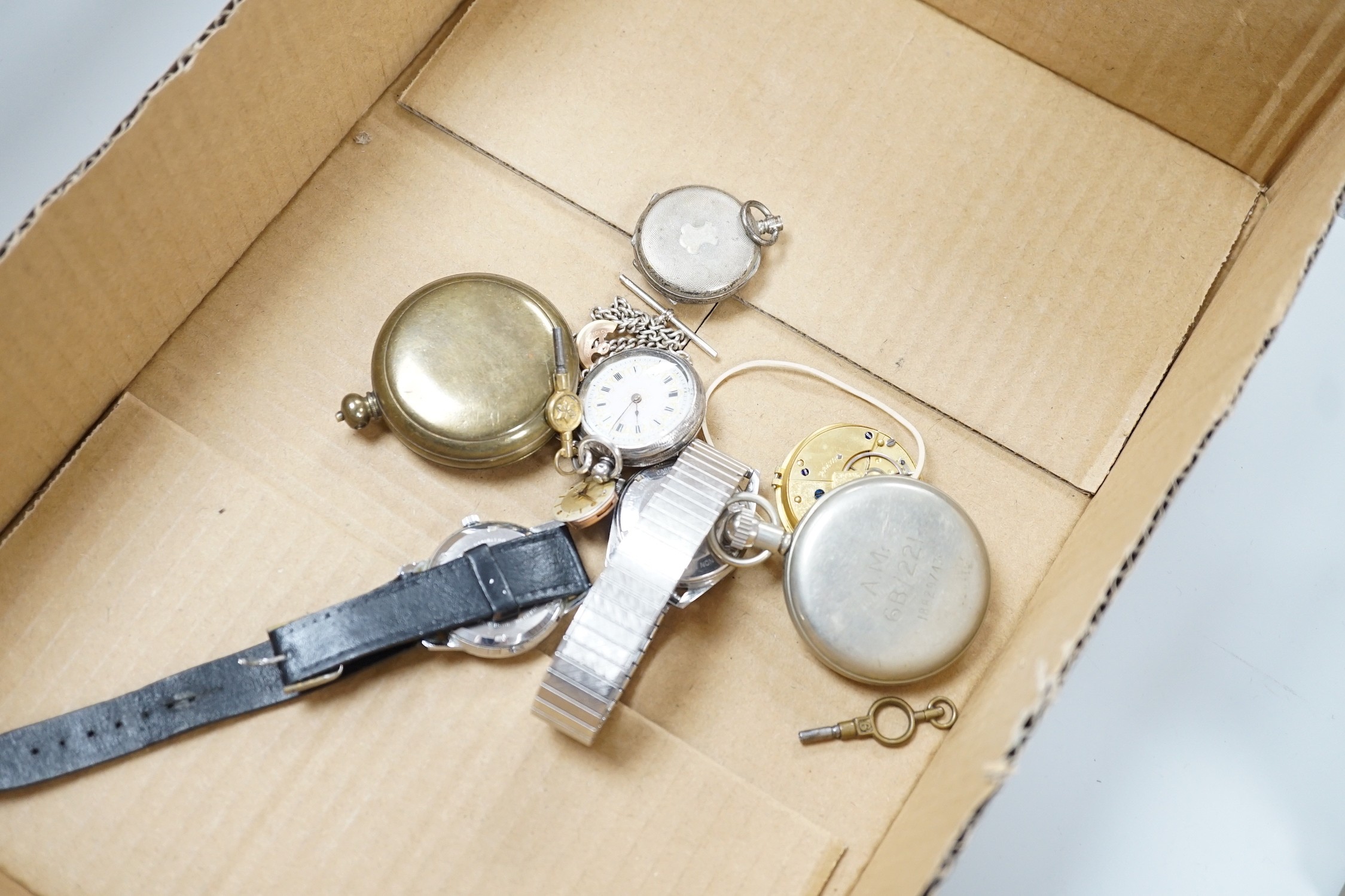 A group of wrist and pocket watches, stop watch, carriage clock, etc.